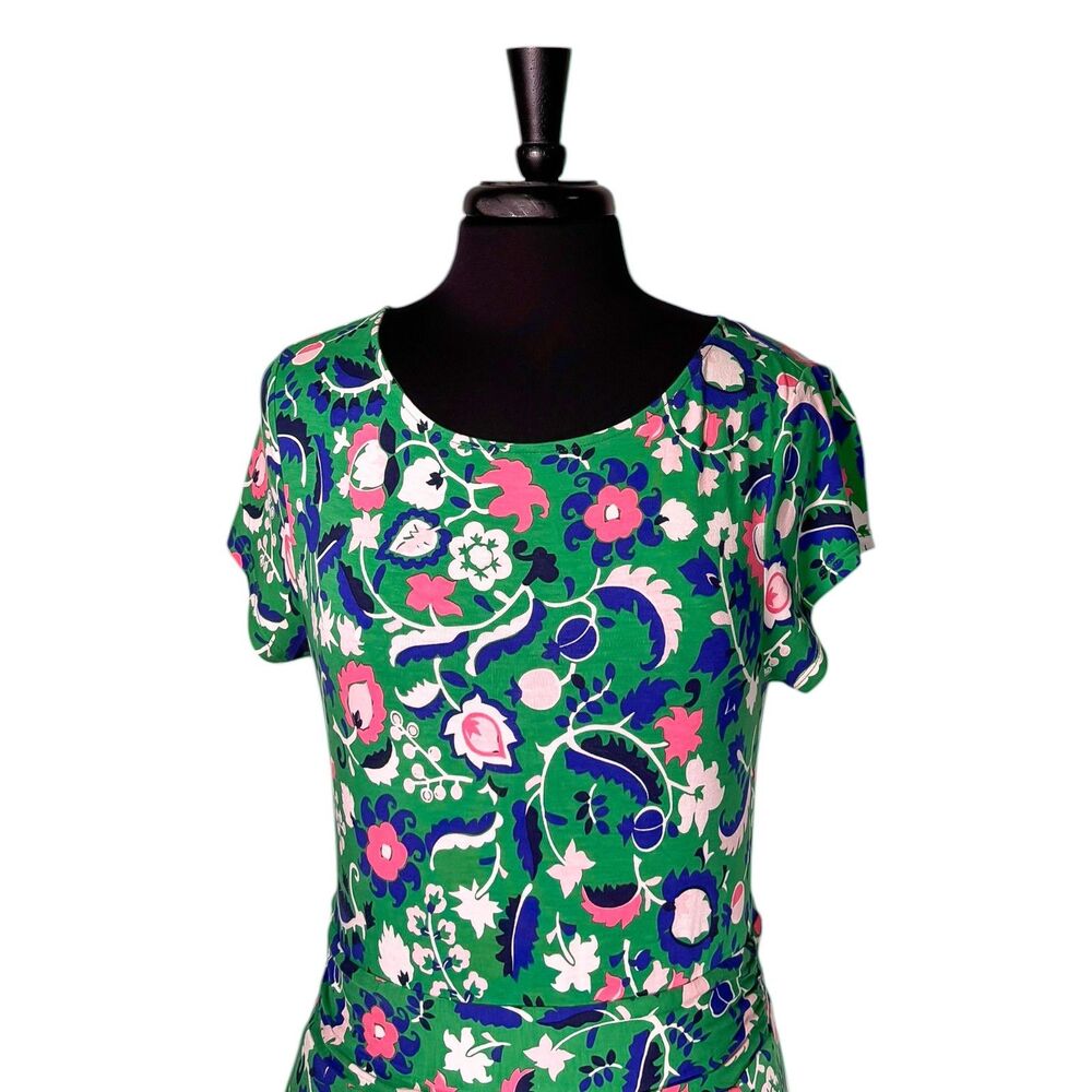 Boden Womens 8 Floral Midi Dress Green Pink Blue Stretch Short Sleeve Boho - Picture 6 of 11
